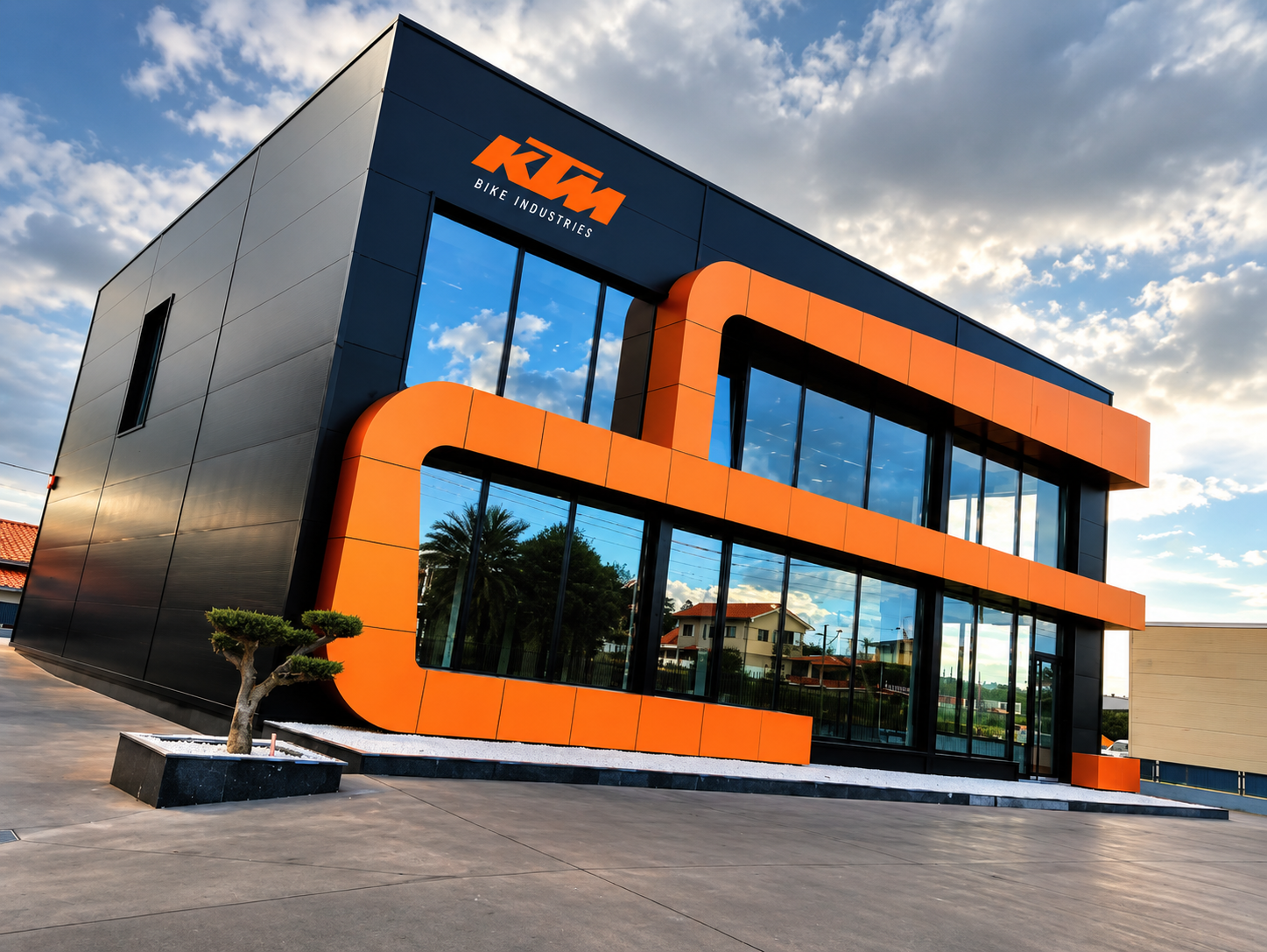 Fachada do estabelecimento, com painéis pretos e laranja KTM